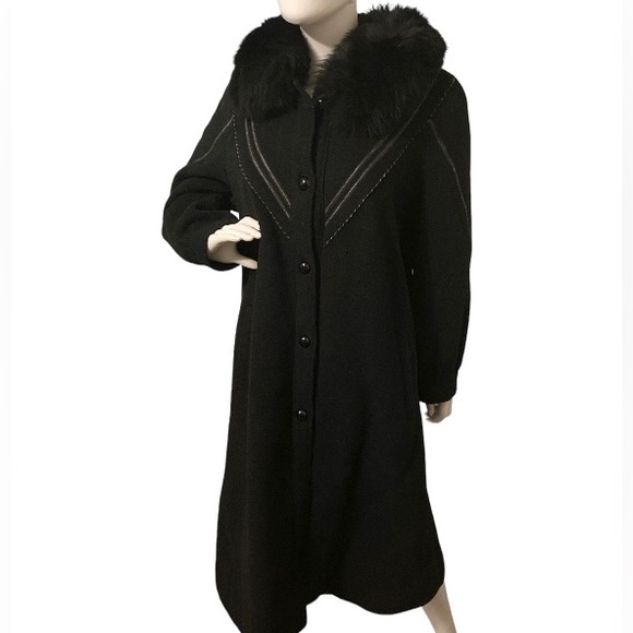 Vintage 70s 80s Fur Wool Pea Trench Coat Long Leather Inserts Button Down Warm - Picture 9 of 16